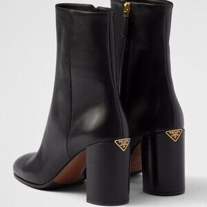 PRADA Block Heel Triangle Logo Leather Ankle Booties Boots Black